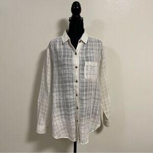 Pilcro Shirt Women’s Size 8 White Semi Sheer Gauzy Button up Shirt Linen Cotton
